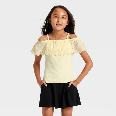 Girls' Off the Shoulder Eyelet Trim Top - Cat & Jack™ Pale Yellow XS | Target