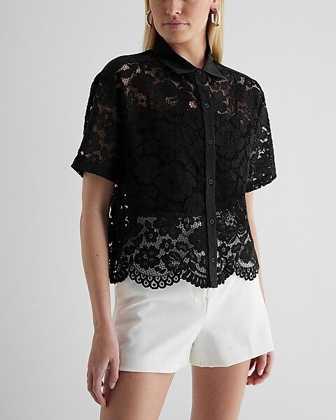 Lace Short Sleeve Button Up Shirt | Express
