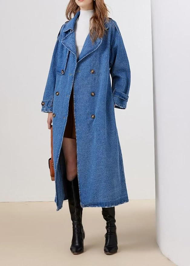 chouyatou Women's Fashion Notch Lapel Denim Trench Coat Double Breasted Belted Maxi Long Jean Jac... | Amazon (US)