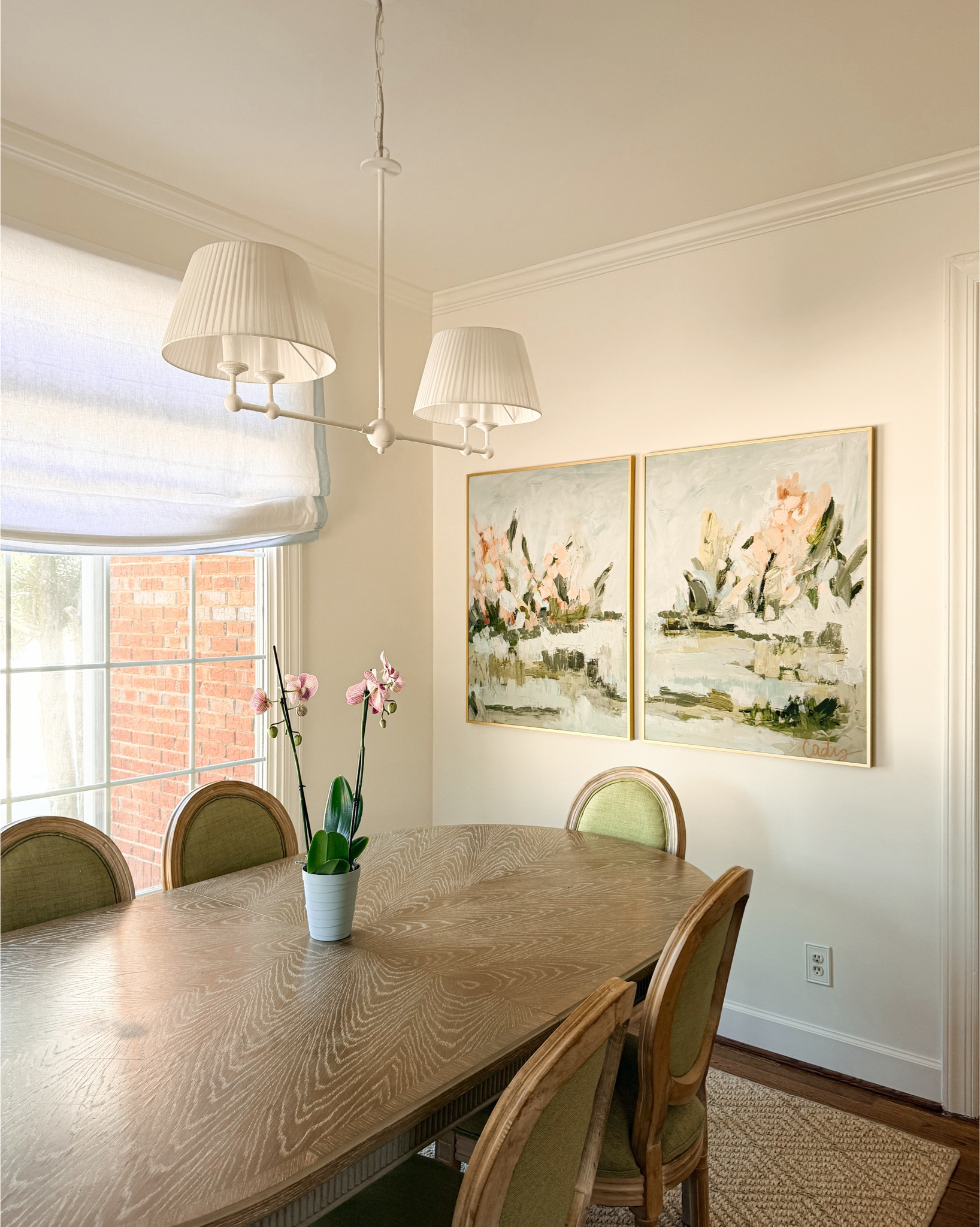 Breakfast nook sources!
Art: size 30x40 in paper style framed in gold
Shades: ivory shade with sky blue border. Cordless no pull and 50% light blocking white lining 
Table: natural colorway
Wall color: Greek villa
Rug: 8x10 in beige/beige (I don’t use rug pad here. It’s grippy on bottom)
Chairs: so easy to assemble and so comfortable!! Come in other colors. Highly recommend! 

#LTKHome