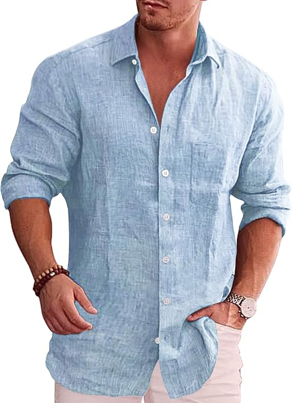 COOFANDY Men's Casual Button Down Shirt Long Sleeve Linen Chambray Shirt | Amazon (US)