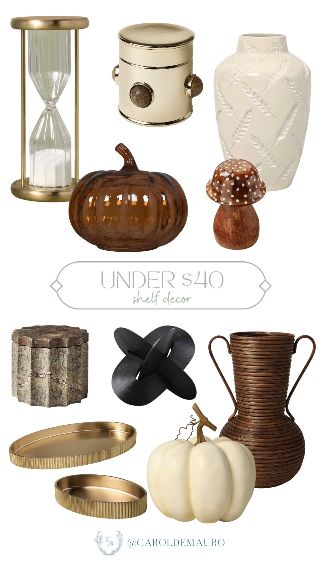 These shelf pieces bring such a warm, collected look! Glass pumpkins, textured vases, and little trinket boxes all under forty dollars.

shelf decor, budget home decor, bookshelf styling, fall accents, decorative vases, home accessories, affordable decor, shelf styling ideas

#LTKSeasonal #LTKHome