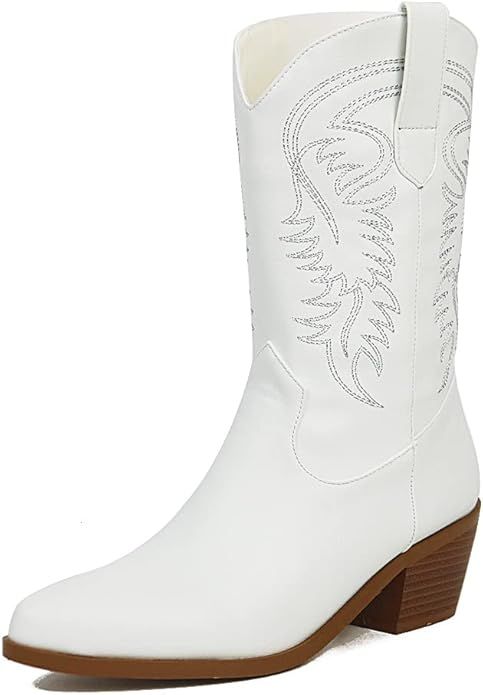 VOMIRA Mid Calf Boots Retro Pointed Toe Cork Heel Pull On Embroidery Western Boots White Cowboy B... | Amazon (US)