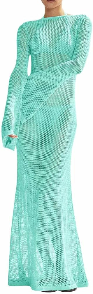 Saodimallsu Womens Crochet Cover Ups Long Sleeve Sexy Mesh Backless Knit Swimsuit Coverup Beach M... | Amazon (US)