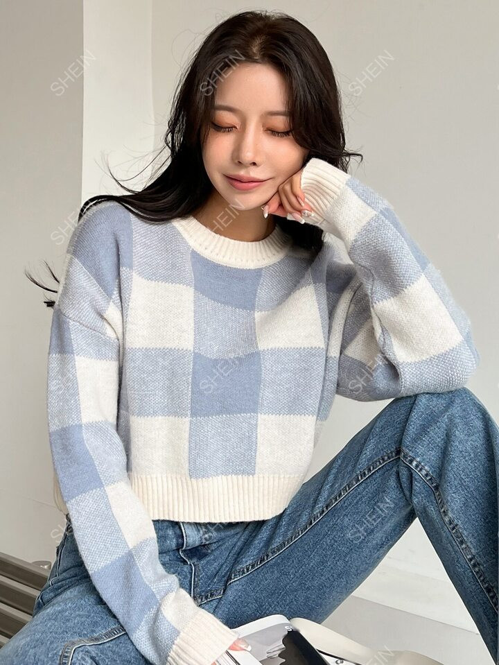 DAZY Buffalo Plaid Pattern Drop Shoulder Sweater | SHEIN