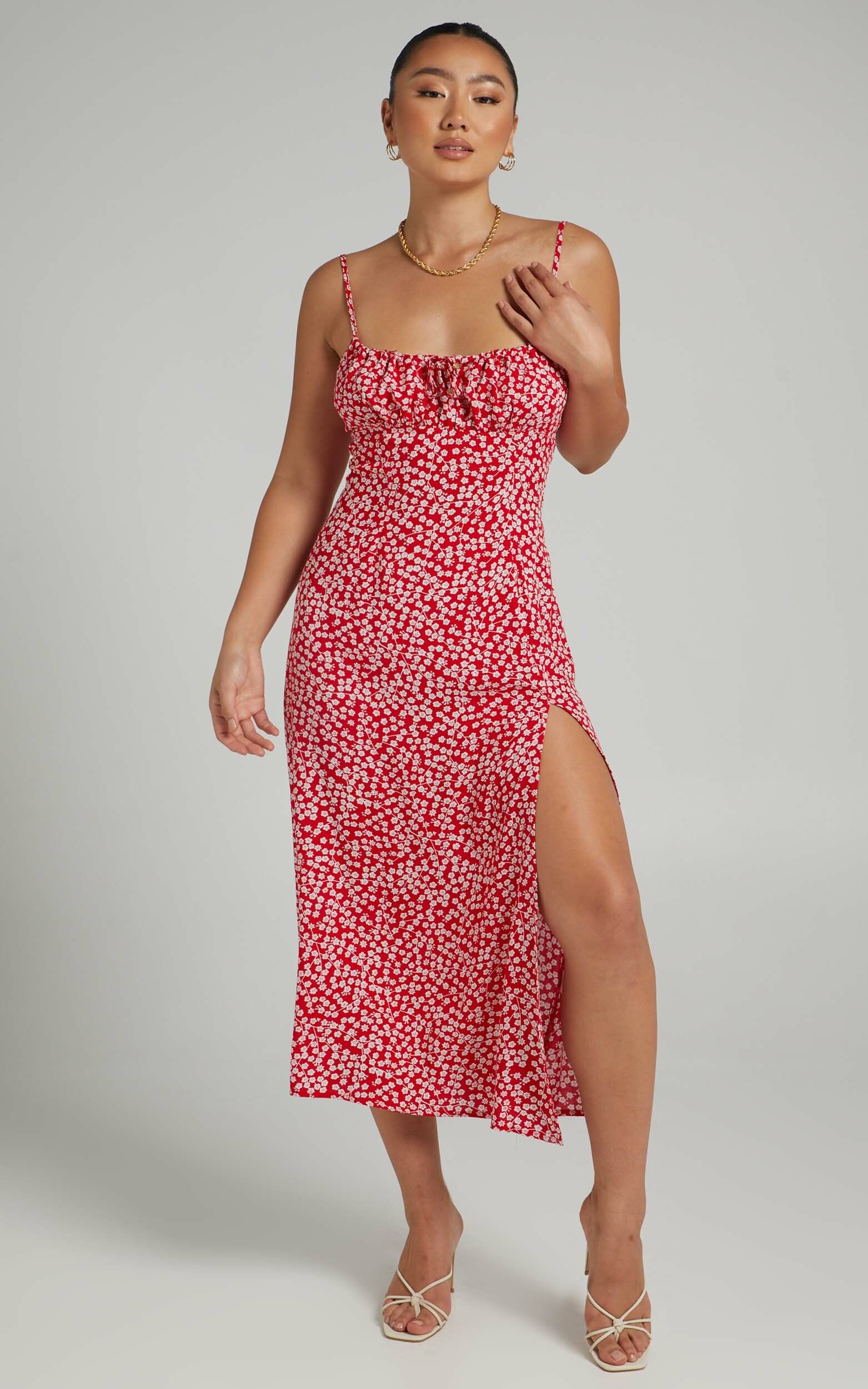 Willa Midi Dress with Shirred Bust Detailing in Red Floral | Showpo | Showpo - deactived