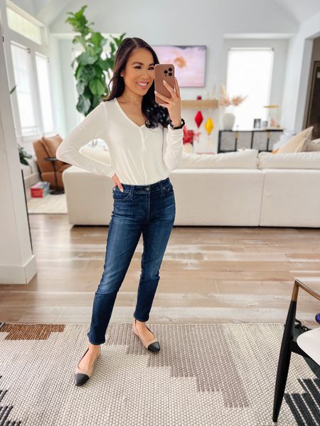 Outfit for the day with my nursing Henley that is so comfy! I definitely can see myself wearing this after nursing, too. Paired it with dark wash jeans and my favorite two-toned flats! Perfect outfit for casual workwear or fall outfit 

#LTKbaby #LTKbump #LTKstyletip