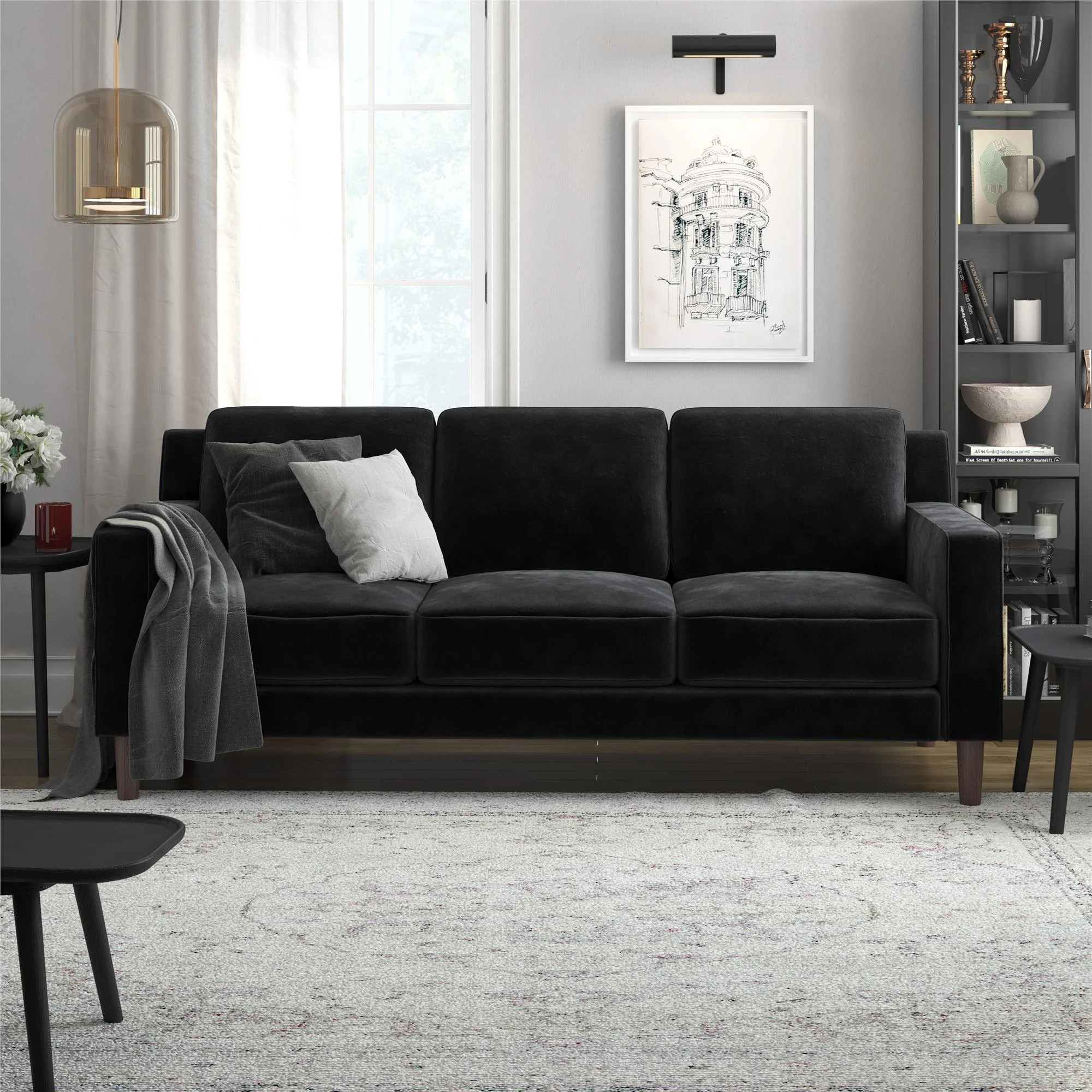 DHP Bryanna 3 Seater Sofa, Black Velvet - Walmart.com | Walmart (US)