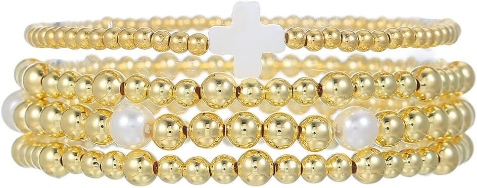 Gold Bracelets for Women, 14K Gold Plated Pearl Crystal Beaded Bracelets - Stackable Adjustable W... | Amazon (US)