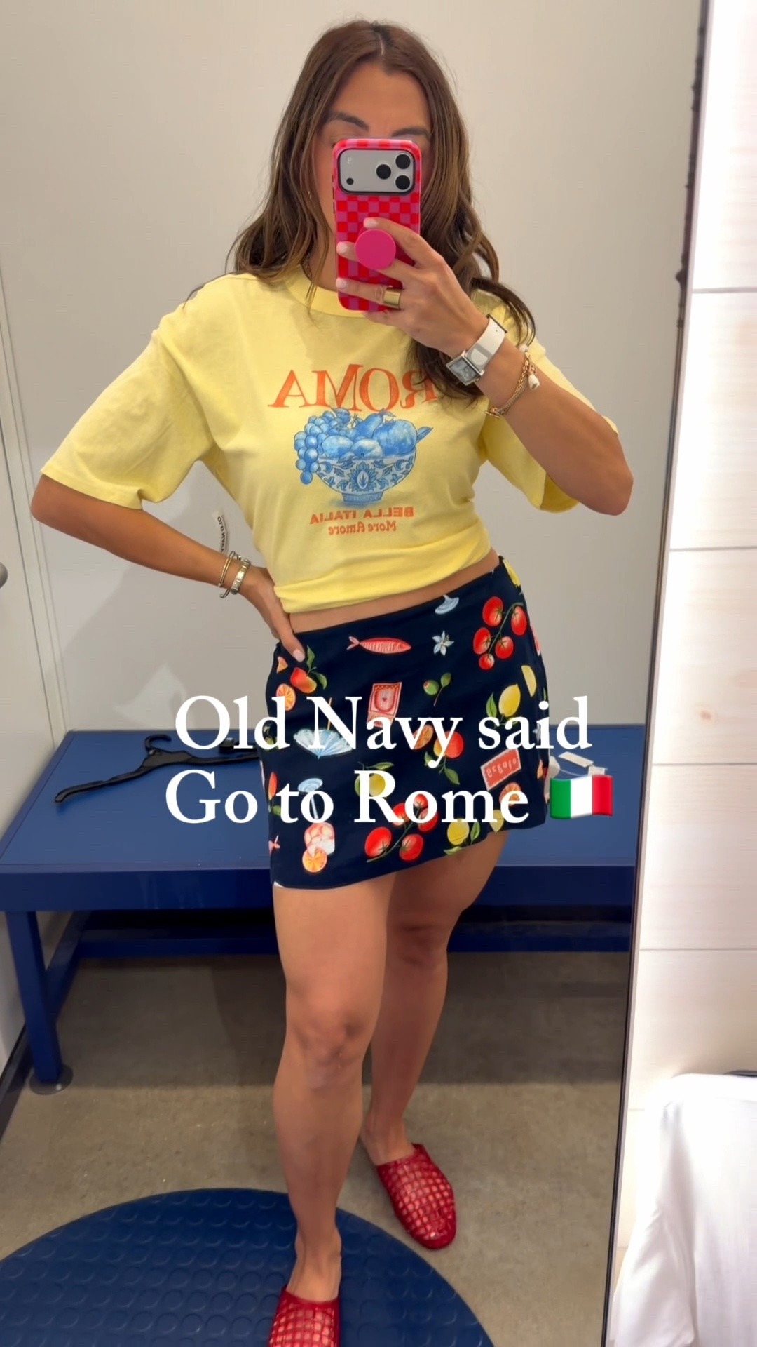 Italian fruit skort from old navy and Rome t shirt. Jelly mule sandals.

#LTKootd