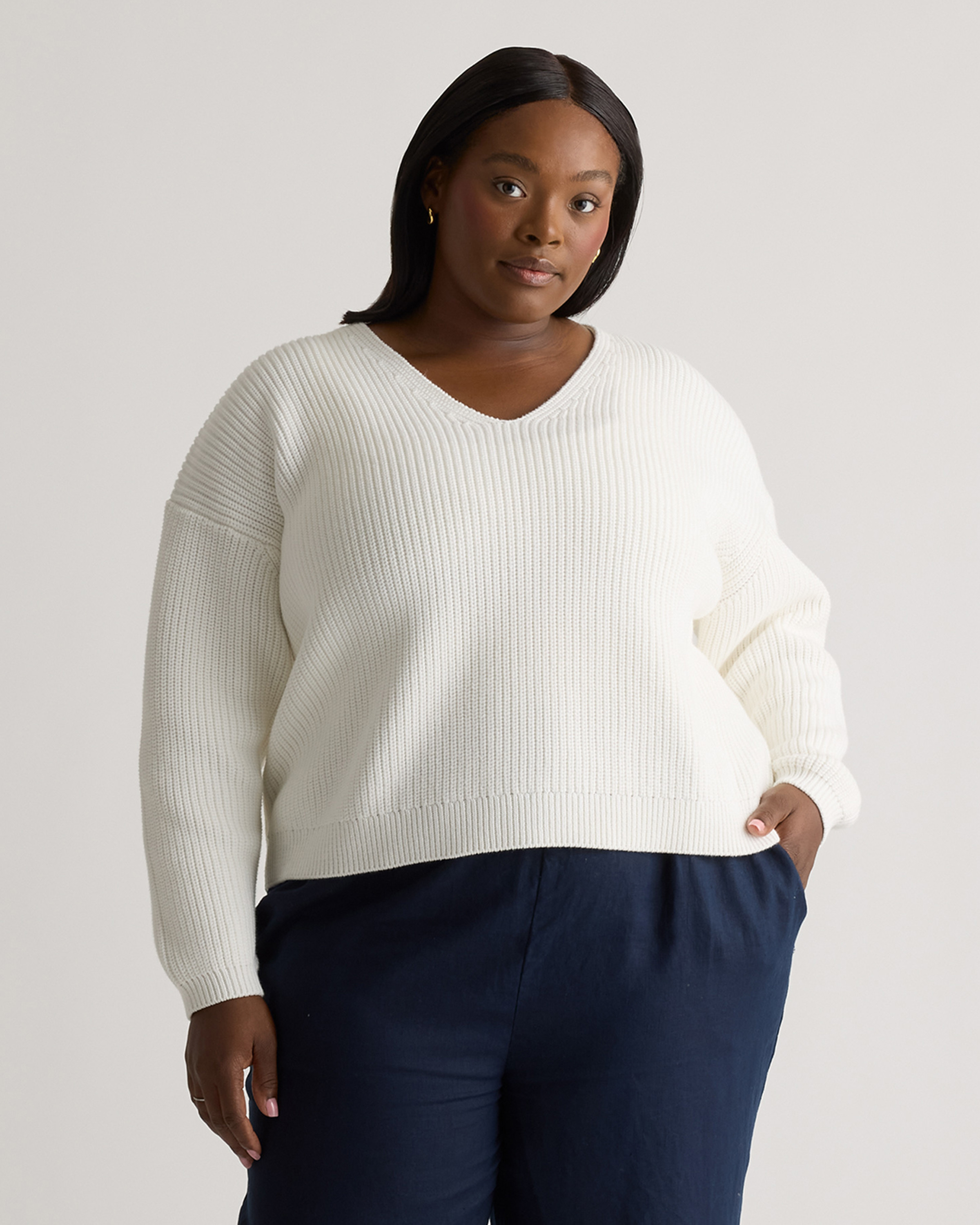 Quince | Women's Fisherman V-Neck Sweater in Ivory, Size 2X, Organic Cotton | Quince