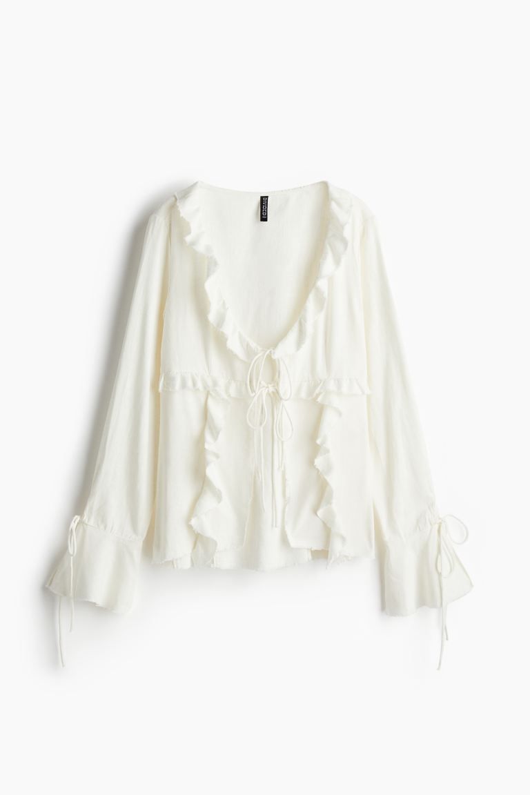 Linen-blend Flounced Top - V-neck - Extra-long sleeve - White - Ladies | H&M US | H&M (US + CA)