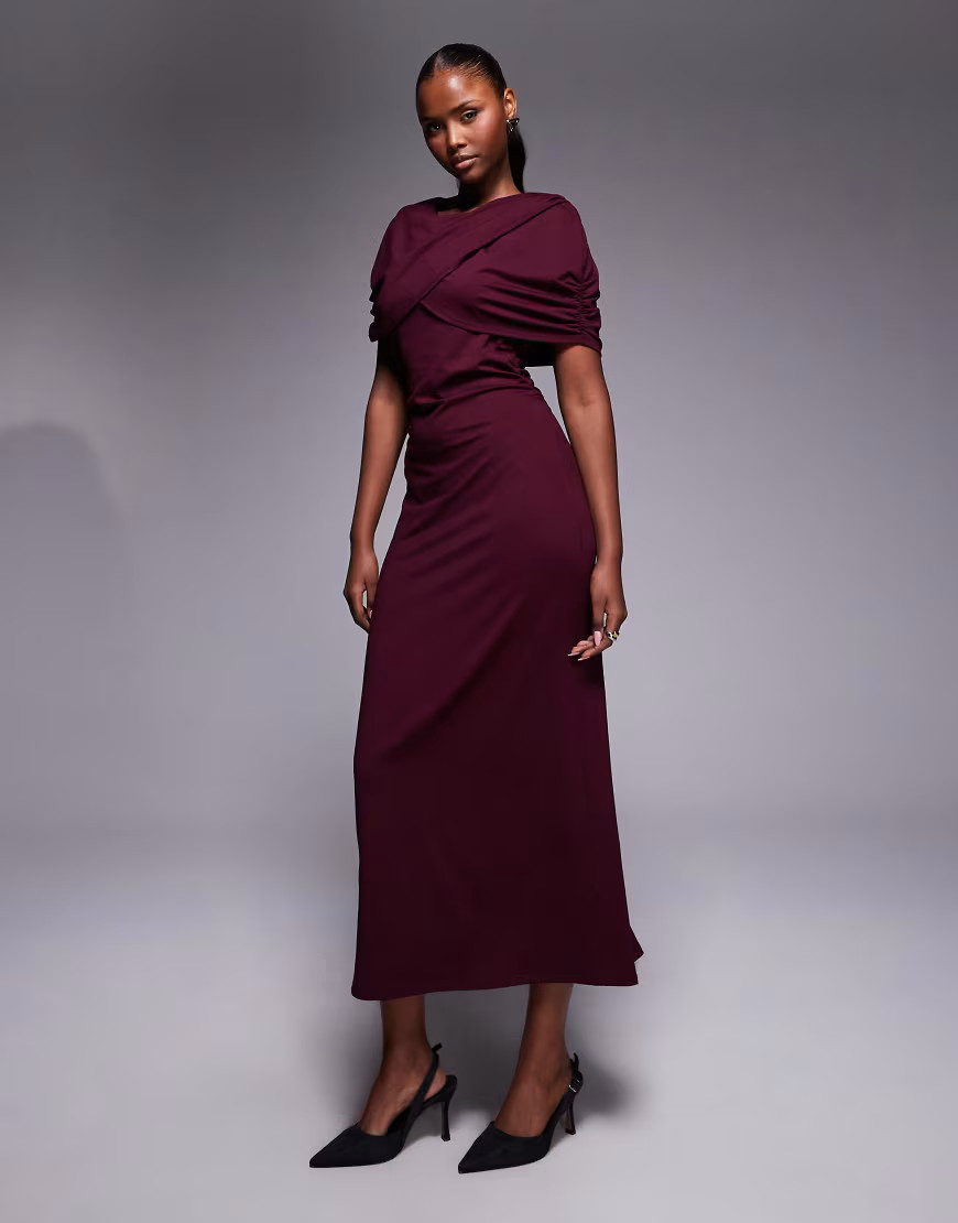 ASOS DESIGN cape detail midi dress in burgundy-Red | ASOS (Global)