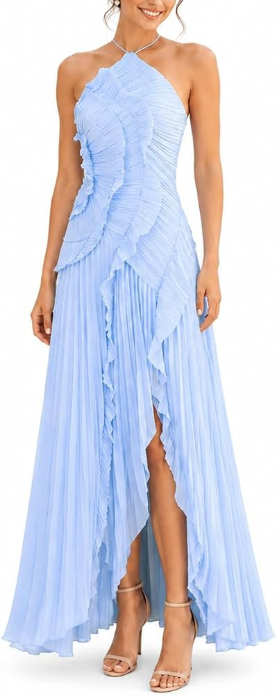 Women's Halter Neck Ruffled Pleated Maxi Dress, Sleeveless Chiffon Asymmetric Hem Cocktail Evenin... | Amazon (US)