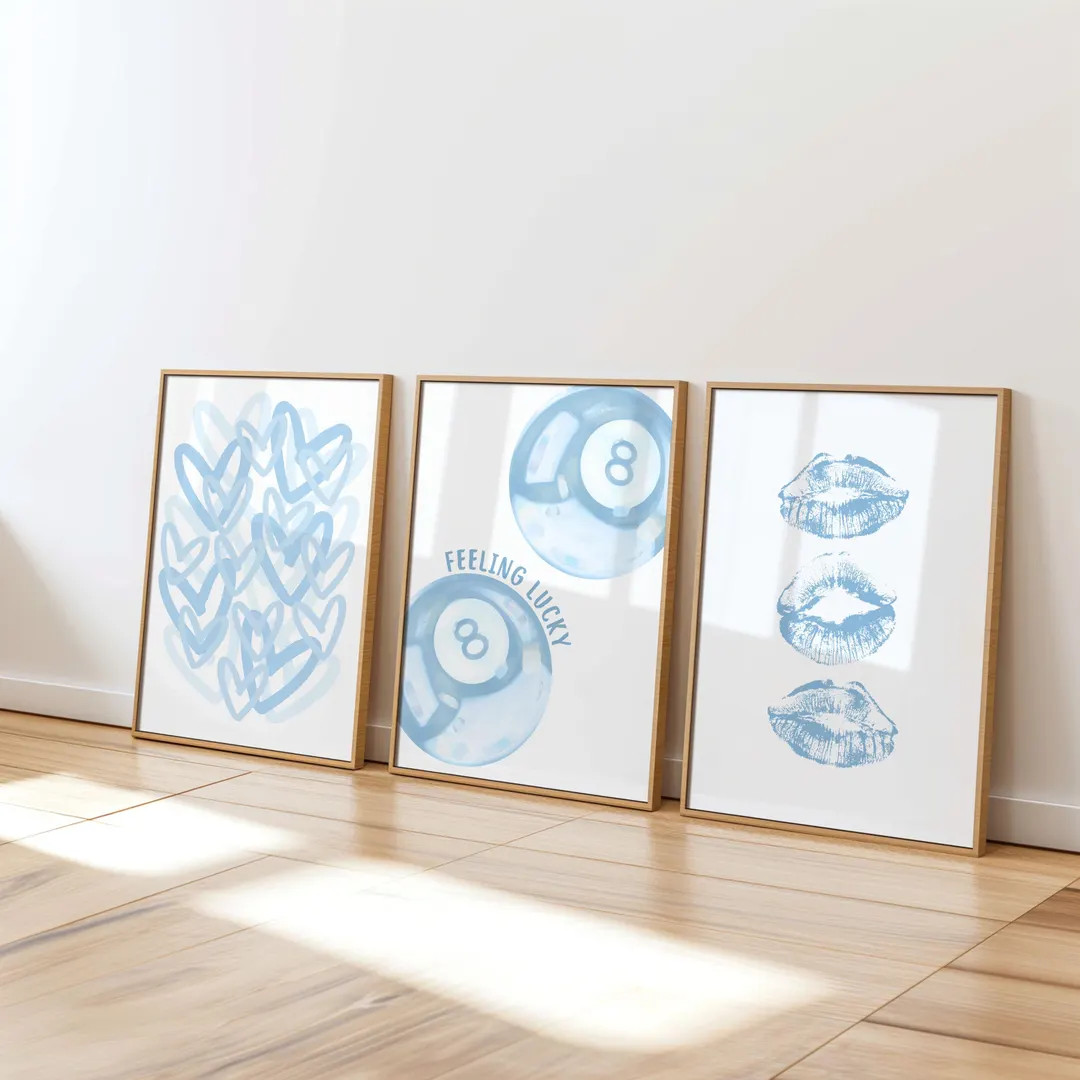 Blue Preppy Dorm Room Prints Set of 3, Light Blue Trendy Wall Art, Girly College Apartment Poster... | Etsy (US)