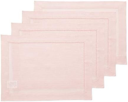 Solino Home 100% Pure Linen Hemstitch Placemats - Pink Set of 4, 14 x 19 Inch Placemats, European Fl | Amazon (US)