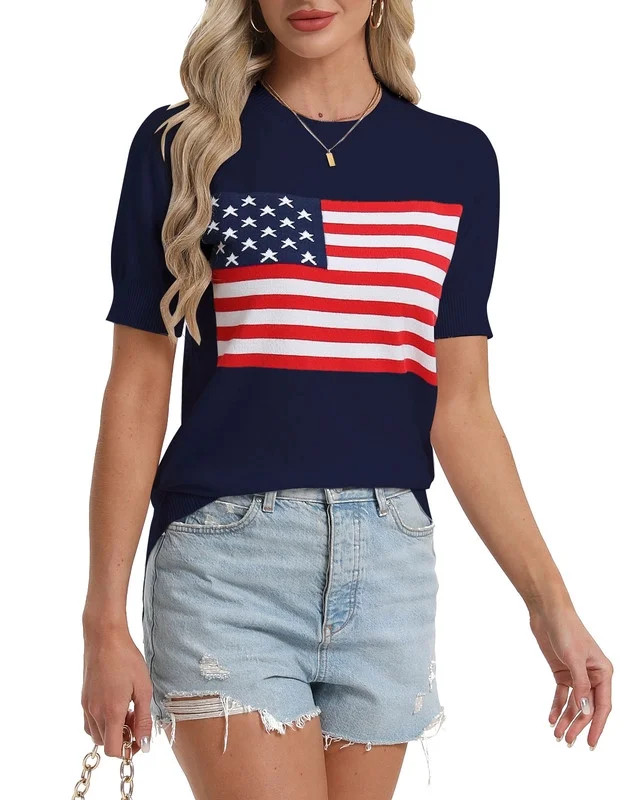 Blouses Tops for Women 4Th of July American Flag Printed Short Sleeve Knited Sweater Pullover Top... | Walmart (US)