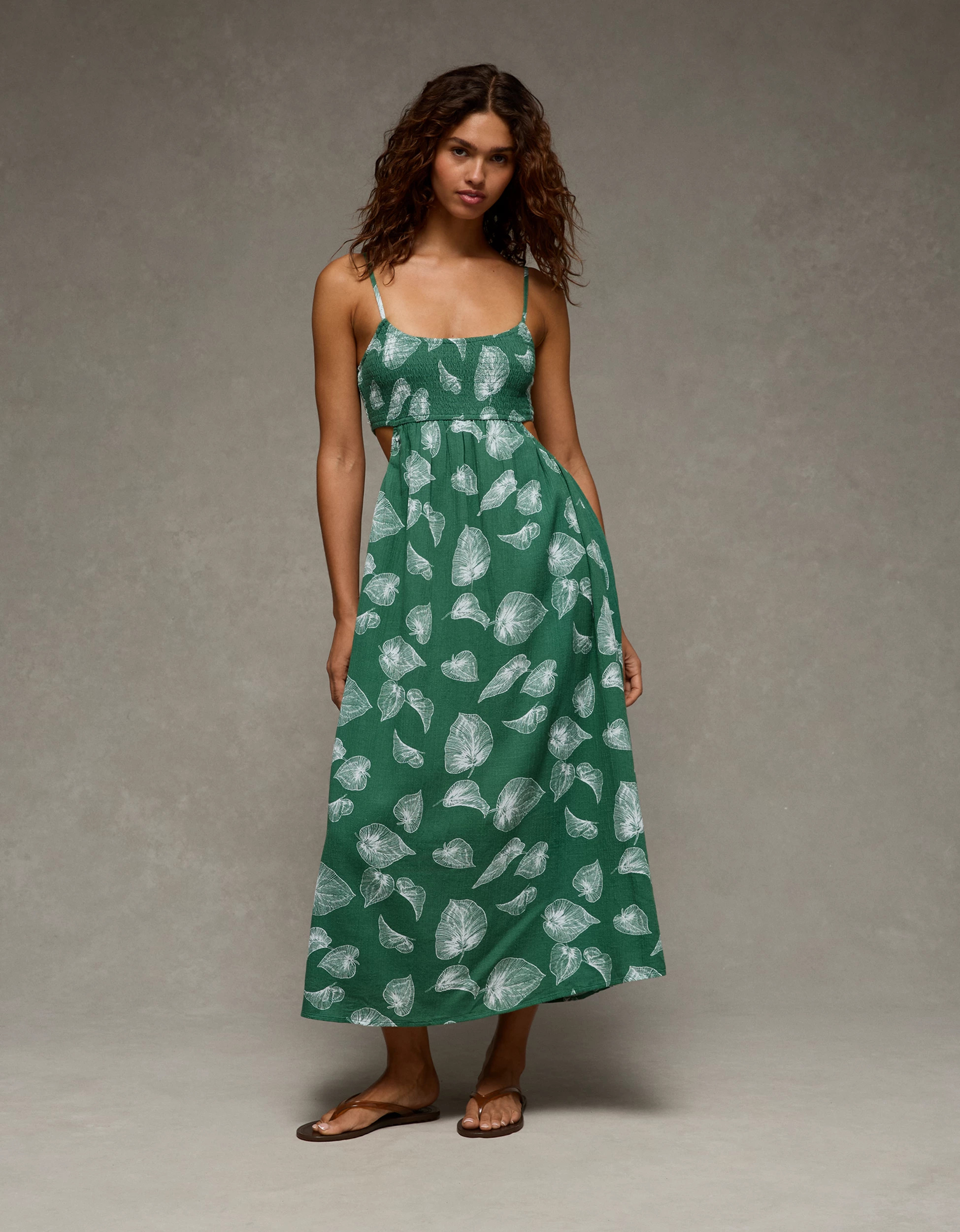 AE Smocked Cutout Babydoll Midi Dress | American Eagle Outfitters (US & CA)