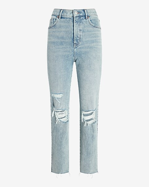 Super High Waisted Ripped Raw Hem Mom Jeans | Express