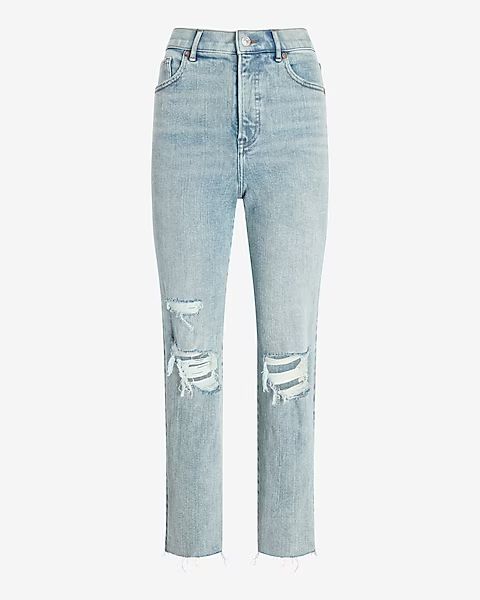 Super High Waisted Ripped Raw Hem Mom Jeans | Express