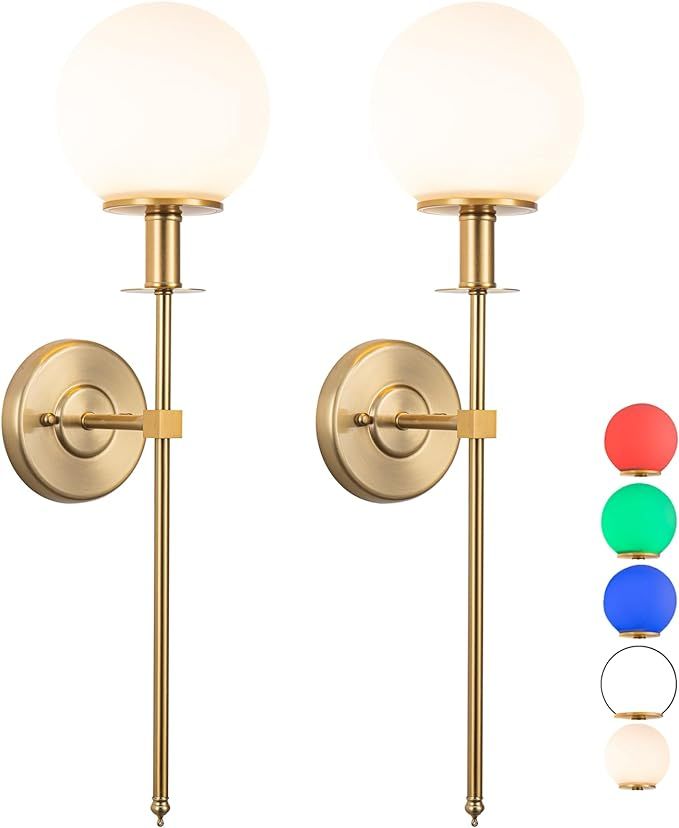Tumgog Battery Operated Wall Sconces Set of 2,Not Hard Wired Brass Gold -White Glass Globe Wall L... | Amazon (US)