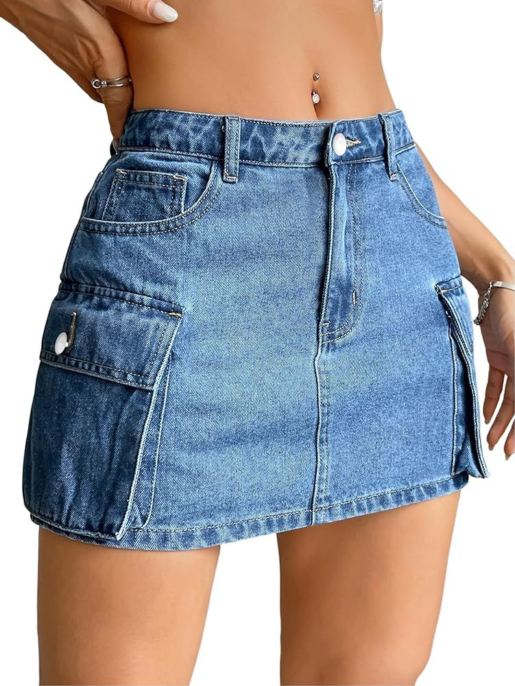 WDIRARA Women's Cargo Mini Denim Skirt Flap Pocket High Waist Zipper Fly Short Bodycon Jean Skirt... | Amazon (US)