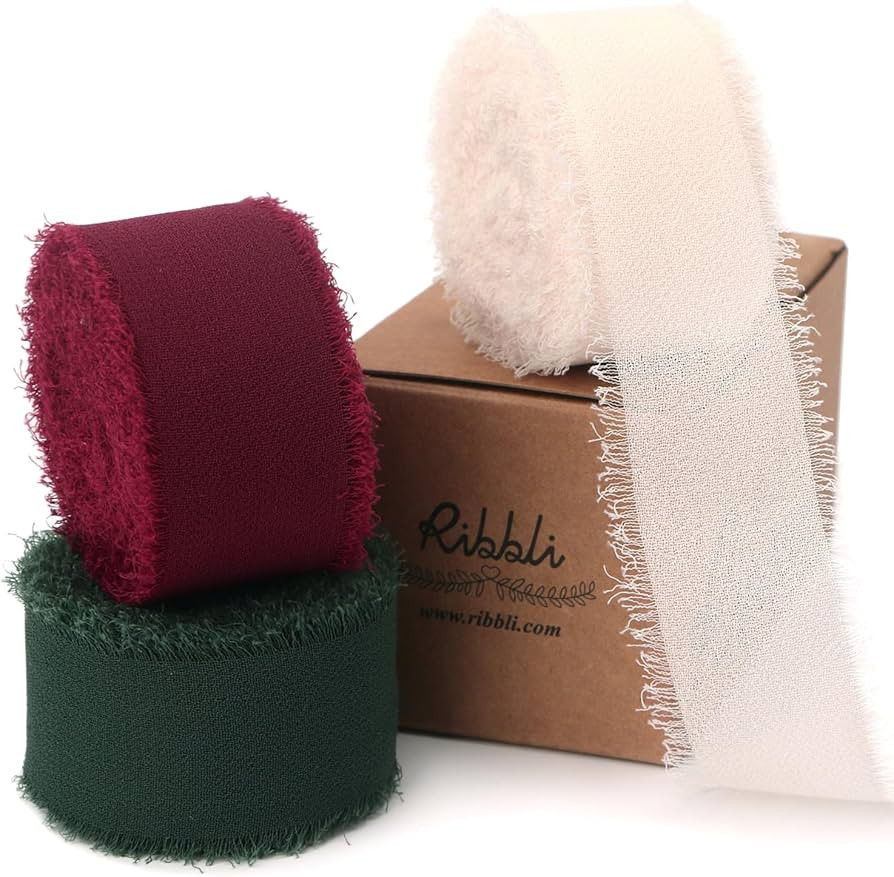 Ribbli Red White Green Christmas Ribbon 1 Inch x 3 Rolls Total 24 Yards Handmade Fringe Chiffon S... | Amazon (US)