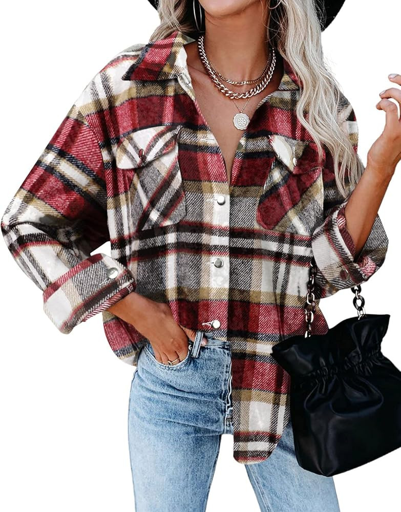BTFBM Women Long Sleeve Shirts Button Down Plaid Loose Casual Flannel Fall Blouse Shirt Jacket Shack | Amazon (US)