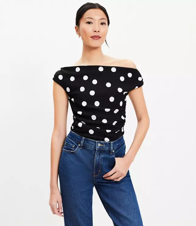 Dotted Ruched One Shoulder Top | LOFT