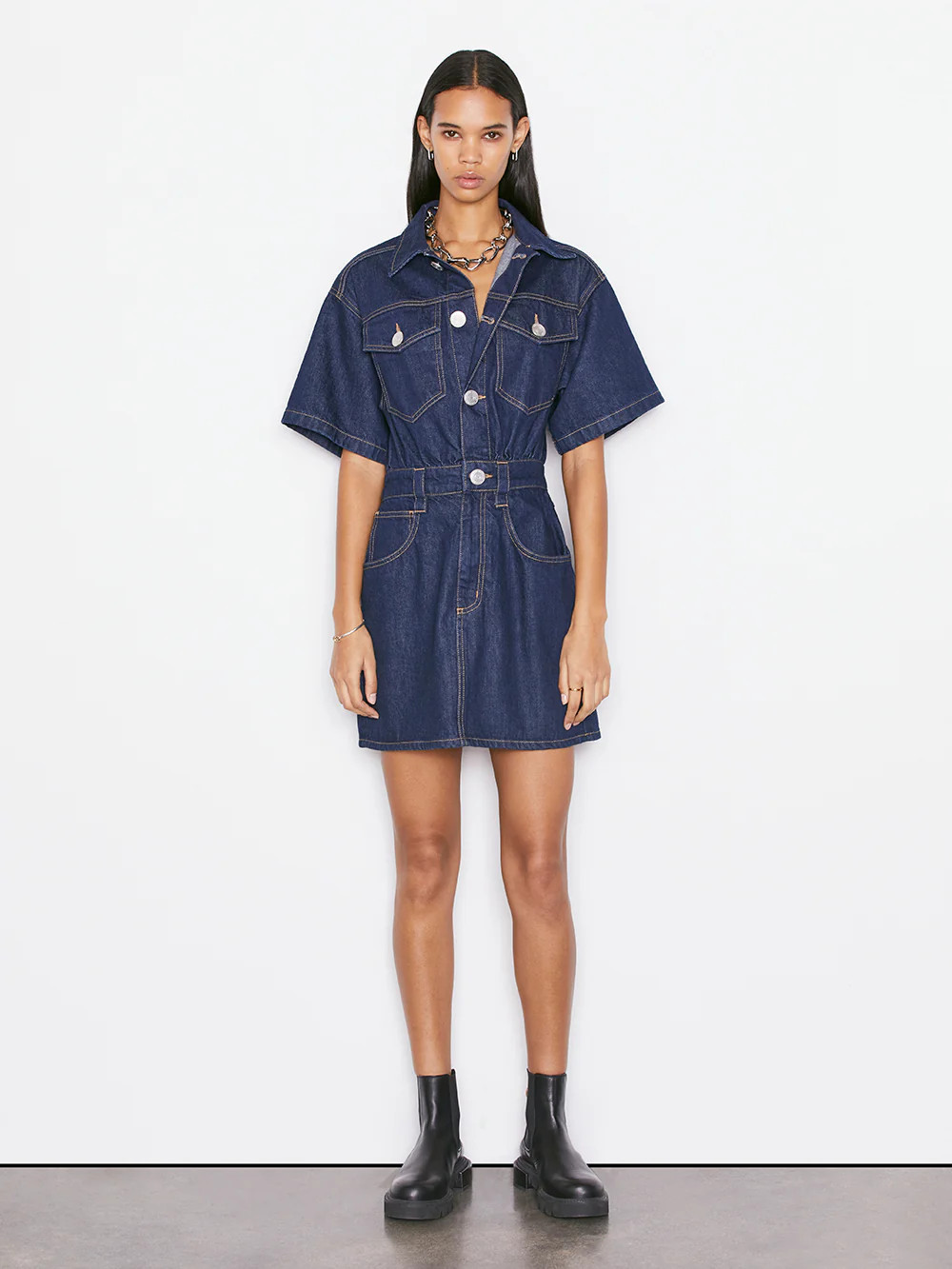 Oversized Button Detail Denim Dress -- Rinse | Frame Denim