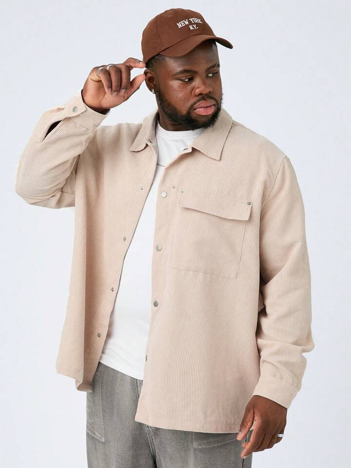 Manfinity CozeMod Plus Size Men's Casual Loose Fit Turndown Collar Long Sleeve Shacket, Suitable ... | SHEIN