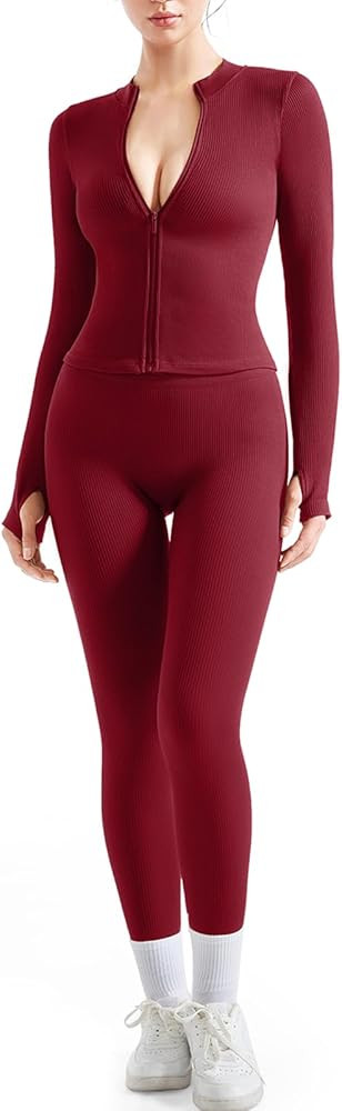 SUUKSESS Women 2 Piece Seamless Ribbed Workout Sets With Zip Up Jacket High Waisted Gym Yoga Legg... | Amazon (US)