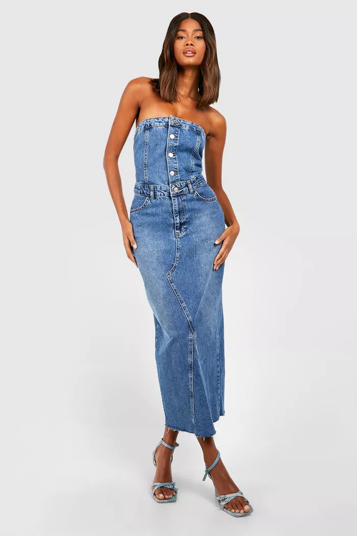 Bandeua Denim Midi Dress | boohoo (US & Canada)