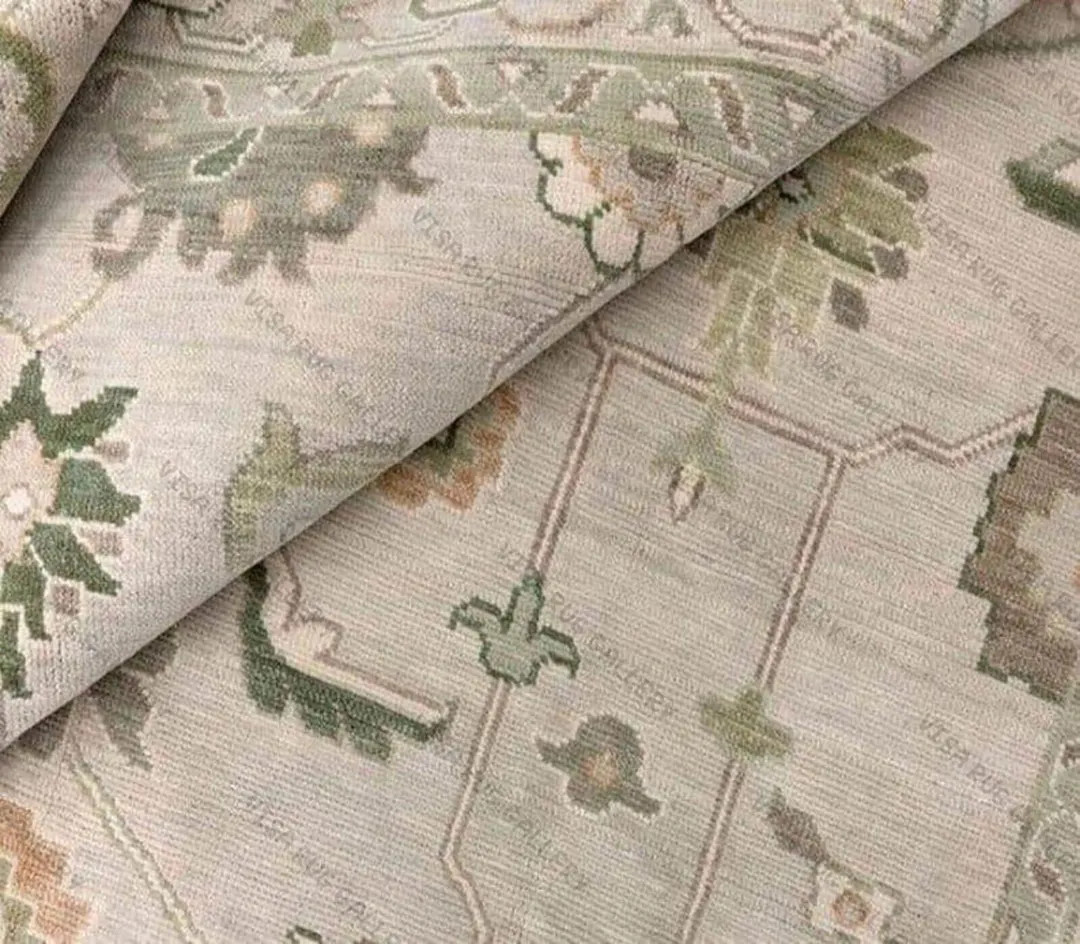 Hand Knotted Oushak Wool Rug | Soft Green Beige Area Carpet | Traditional Turkish Design | Elegan... | Etsy (US)