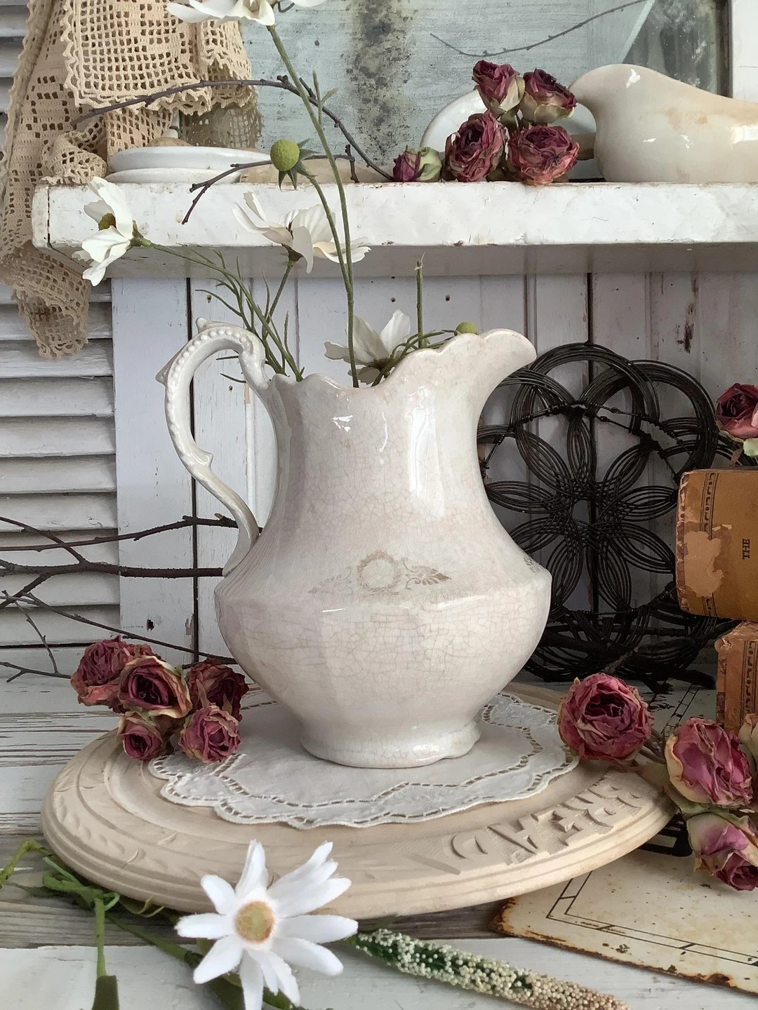 Antique Aged Stained Ironstone Pitcher Farm Table French American Farmhouse Ironstone Country Kit... | Etsy (US)