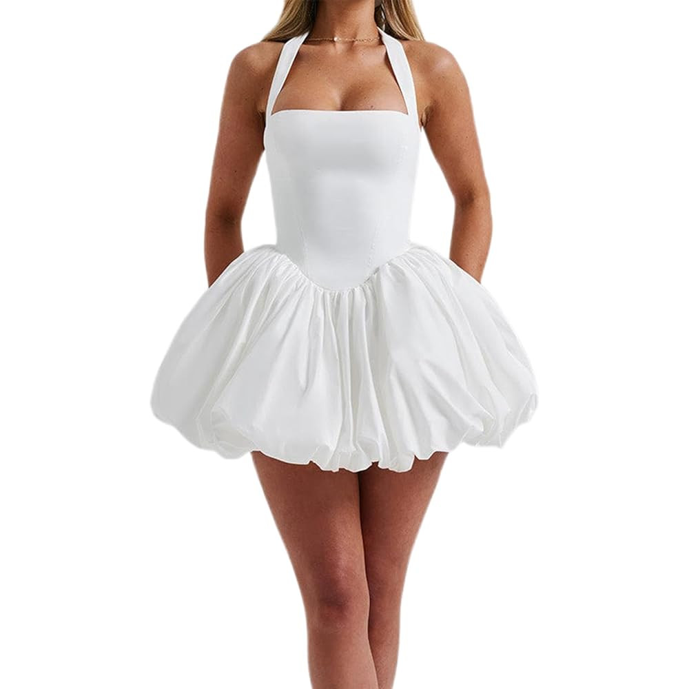 Women Sleeveless Halter Dress Summer Beach Tie up Backless Corset Bubble Party Dress | Amazon (US)