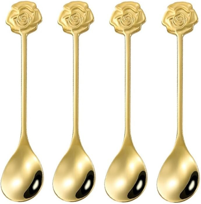 Juego de 10 cucharas de café con diseño de rosas y flores, color dorado, para postres, té, hel... | Amazon (US)
