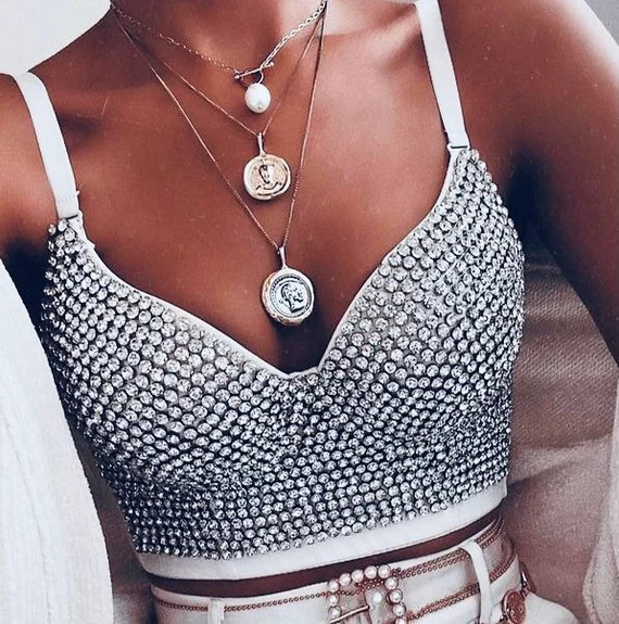 Diamond embellished crystal rhinestone white bustier bralette corset bridal bachelorette wedding | Etsy (US)