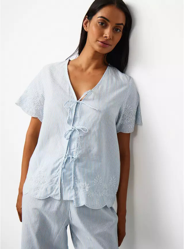 Blue Tie Front Broderie Detail Pyjamas 12 | Tu Clothing
