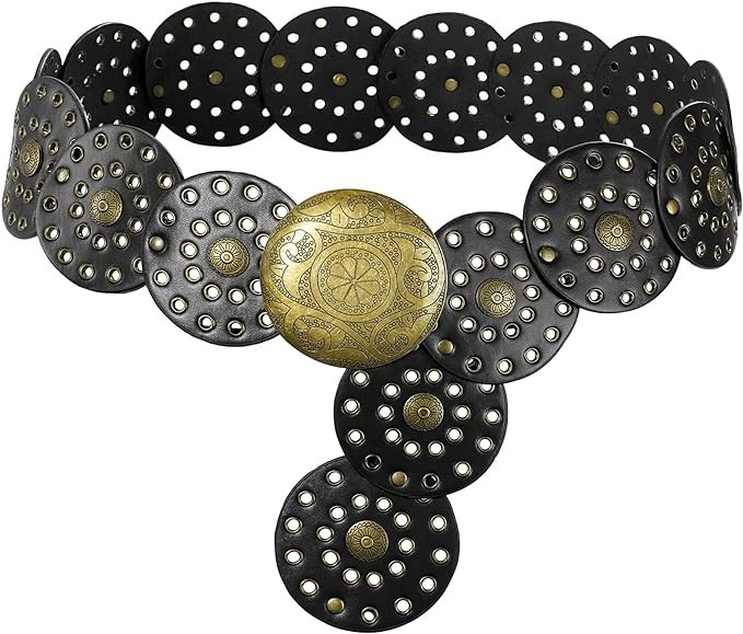 Wide Disc Belt for Women Vintage Hollow Boho Leather Belt Western Chunky Waist Belt Cowboy Metal ... | Amazon (US)