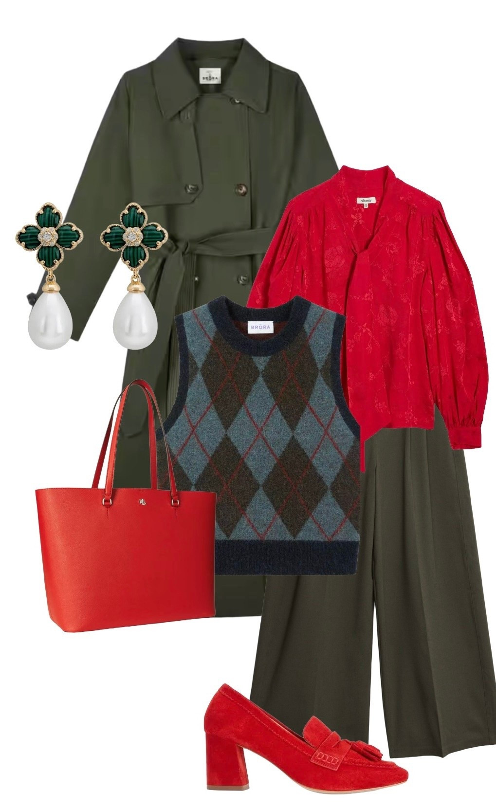 Go bold or go home! A fab on trend argyle ensemble featuring wide leg trousers, bow blouse, heeled loafers and a trench!

Khaki Green Trench and Argyle Tank - Brora

Crosshatch Leather Tote in Vermillion Red - Ralph Lauren

Red Bow Blouse - Albaray

Green Wide Leg Wool Trousers - Marks and Spencer

Red Heeled Loafers - Boden 

Green / Pearl Drop Earrings - Latelita at Wolf & Badger 

#LTKeurope #LTKfestive #LTKuk