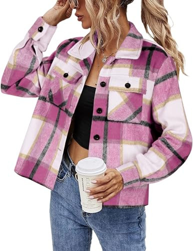 HOTOUCH Pink Flannel Jacket Women Shackets for Women 2025 Fall Cropped Plaid Shirt Plaid Flannel Coat | Amazon (US)
