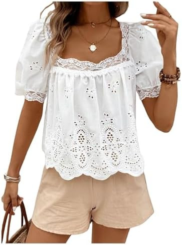 SweatyRocks Women's Square Neck Puff Sleeve Eyelet Lace Hollow Out Embroidered Top Blouse | Amazon (US)