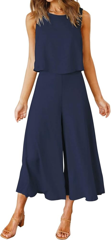 ROYLAMP Women's Summer 2 Piece Outfits Round neck Crop Basic Top Cropped Wide Leg pants Set Jumps... | Amazon (US)