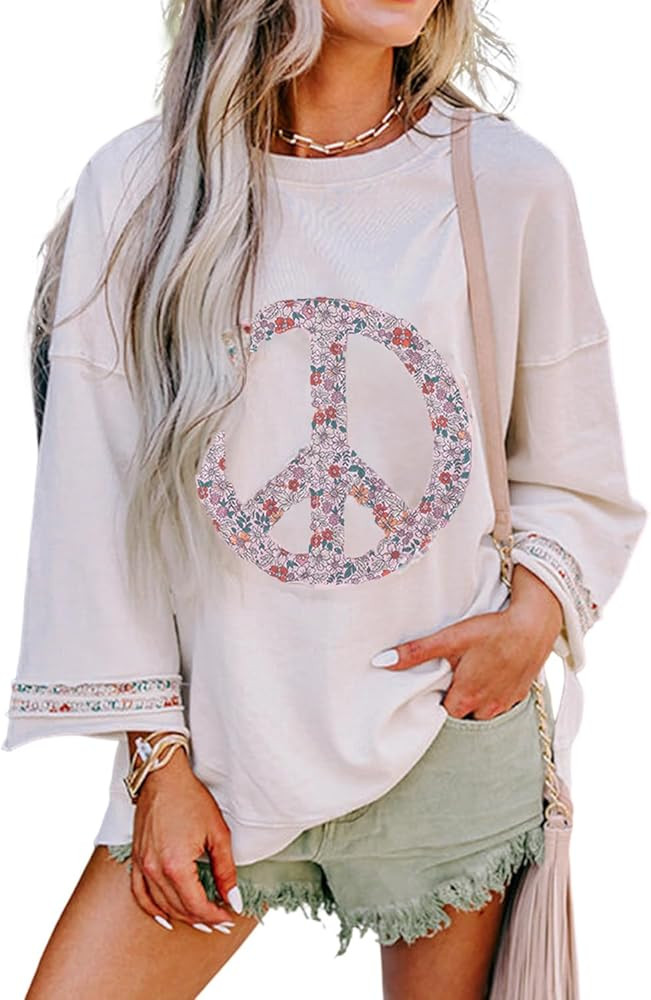 KevaMolly Womens Floral Peace Symbol Drop Shoulder Sweatshirt Oversize Crewneck Casual Pullover (... | Amazon (US)