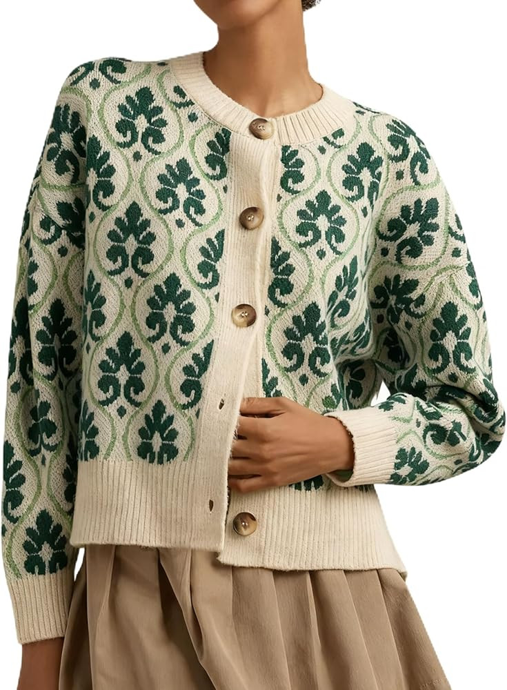 Women Floral Cardigan Sweater Open Front Long Sleeve Button Down Knit Sweater Vintage Outerwear | Amazon (US)