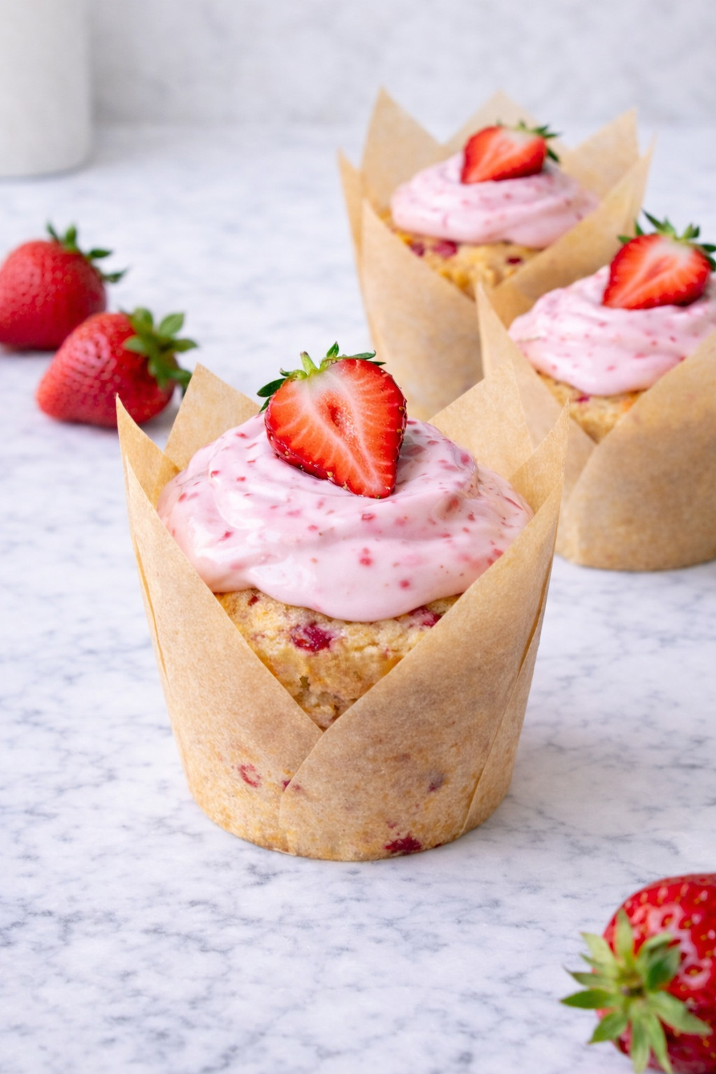 Using up some fresh strawberries to make delicious strawberry cupcakes with my kiddo who loves to bake with me! Here's everything you need. Get the recipe at reachwellth.com/easy-strawberry-cupcakes
Plus get my time saving tips to make this recipe with a busy schedule. 

 #LTKmomlife #LTKfoodie #LTKSeasonal