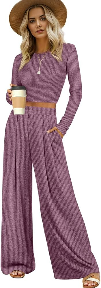 Jescakoo Two Piece Outfits for Women Long Sleeve Crop Top Wide Leg Pants Matching Sets Lounge Tra... | Amazon (US)
