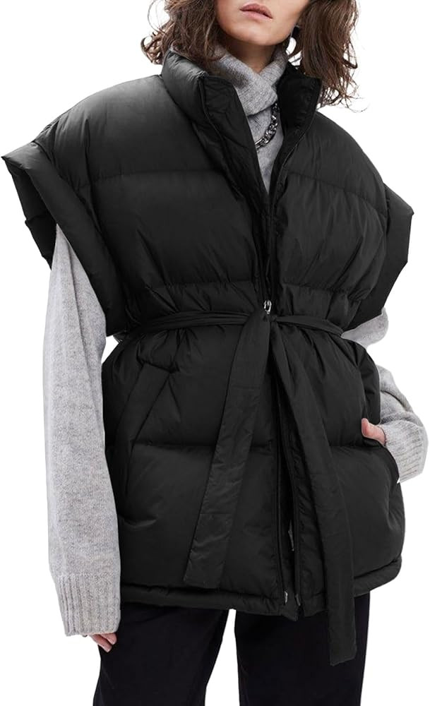 Langwyqu Women Oversized Puffer Vests Sleeveless Stand Collar Zipper Puffy Jackets with Belt | Amazon (US)