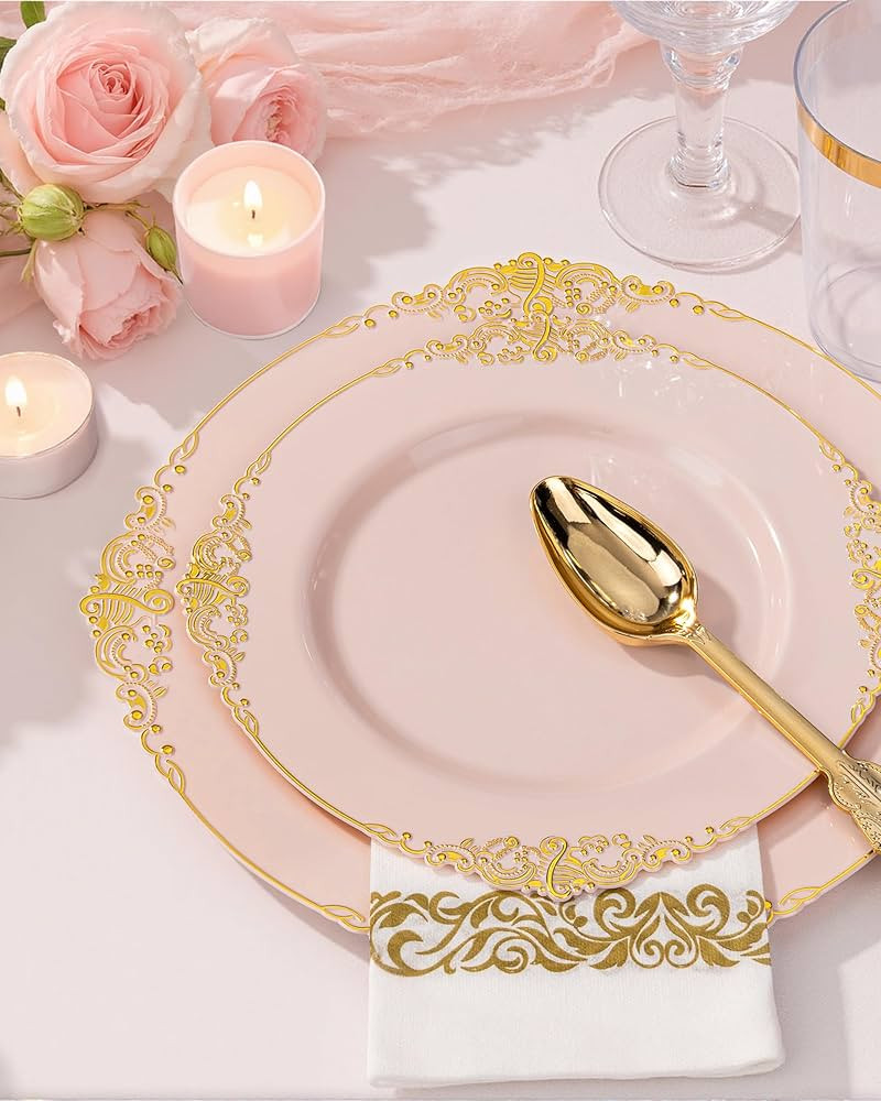 Nervure 350PCS Pink Plastic Plates - Pink Plastic Dinnerware Sets for 50 Guests - 100 Disposable ... | Amazon (US)